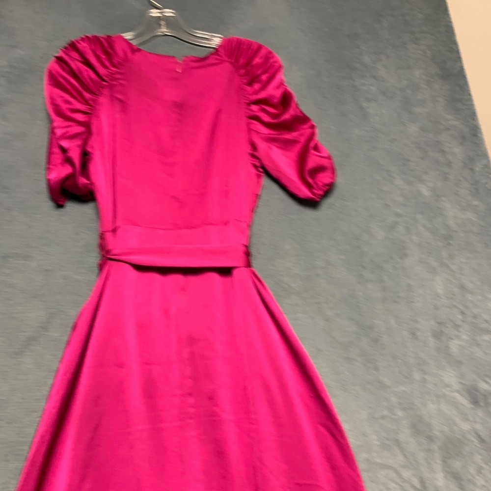 Kensie Faux Wrap Dress Womens 6 Hot Pink Ruched Sleeves Ruffled Hem Tie waist - Picture 13 of 14
